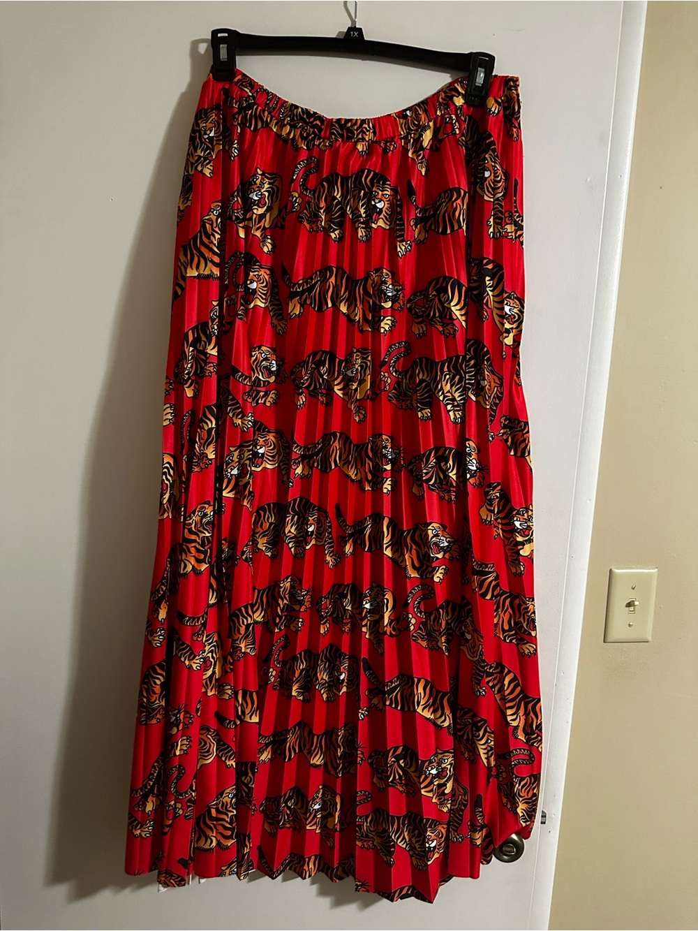 Dressed in LALA Red Pleated Maxi Skirt with Tiger Print - Picture 2 of 7